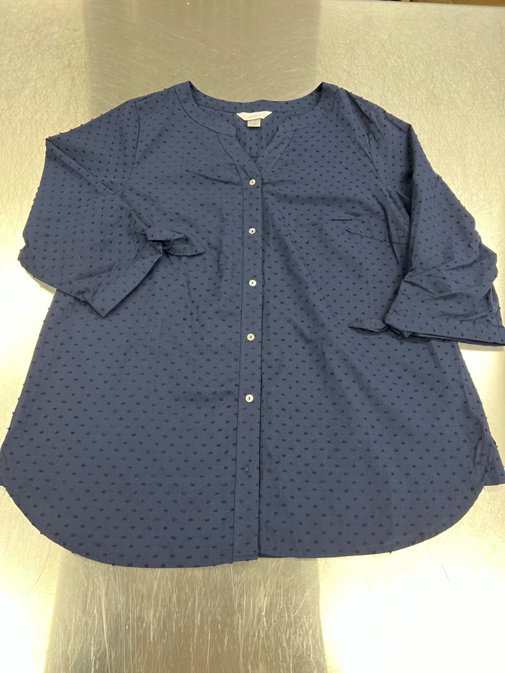 CJ Banks Navy Button-Front Textured 3/4 Bow Sleeve Shirt Women’s 1X